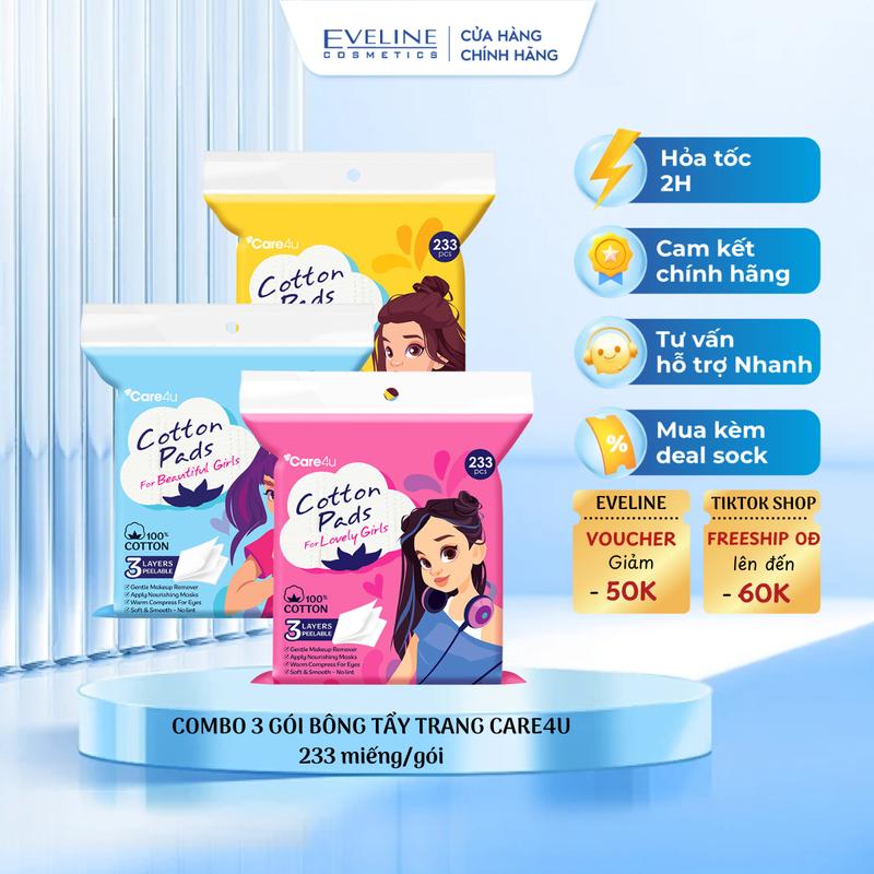 Combo 3 Bông tẩy trang cao cấp Care4u 3 lớp 233 miếng/gói siêu mềm mịn, thành phần bông tự nhiên, sử dụng cho mọi loại da